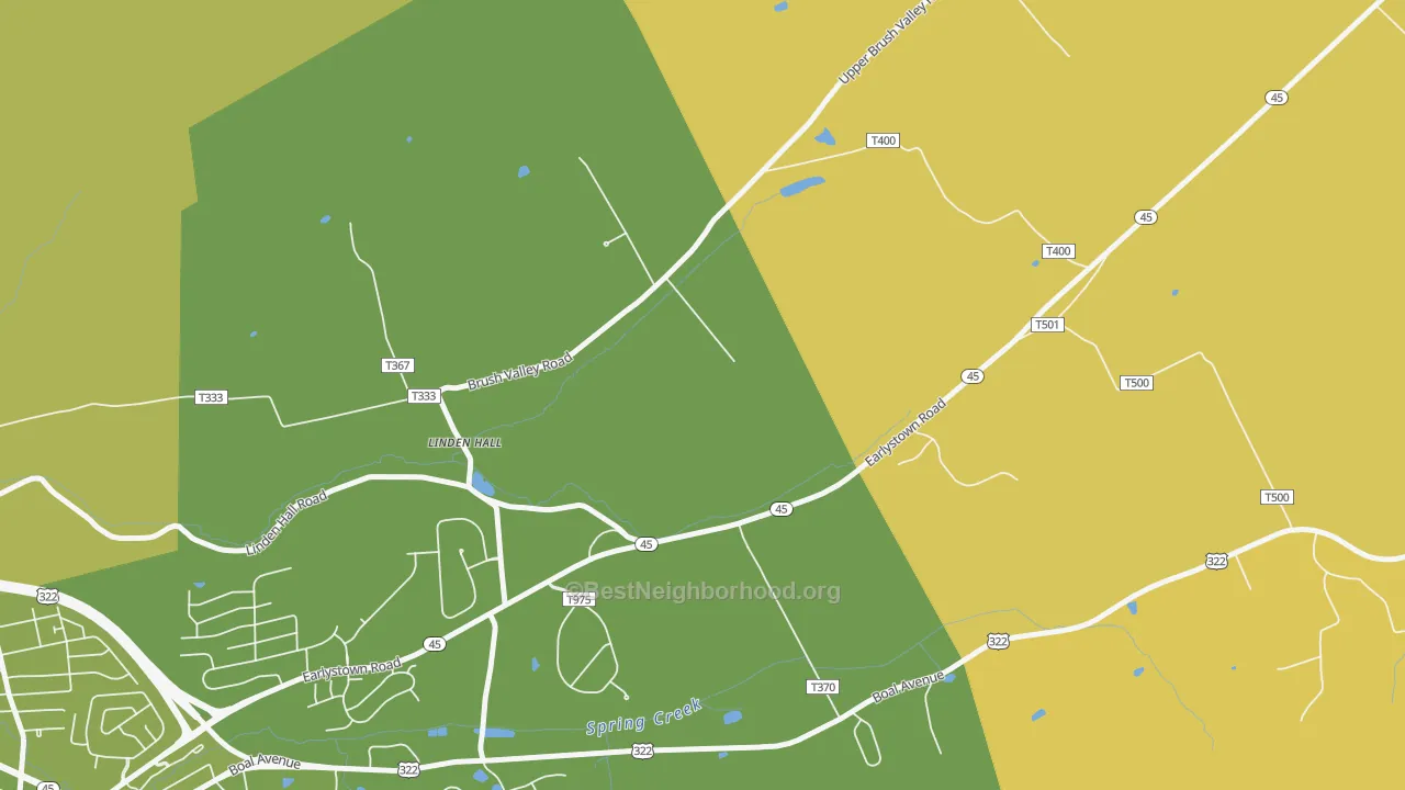 Map of the best neighborhoods in the Linden Hall area, with better matches in green and worse matches in red
