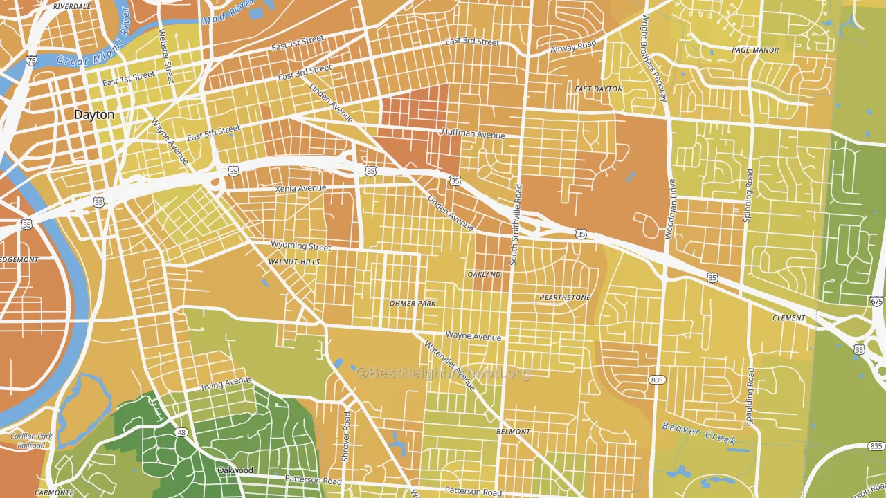 Map of the best neighborhoods in the Linden Heights, Dayton area, with better matches in green and worse matches in red
