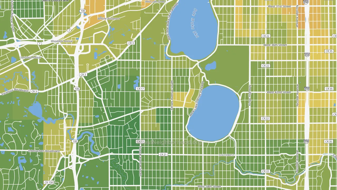 Map of the best neighborhoods in the Linden Hills, Minneapolis area, with better matches in green and worse matches in red