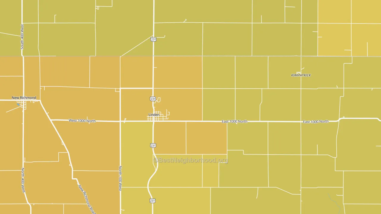 Map of the best neighborhoods in the Linden area, with better matches in green and worse matches in red