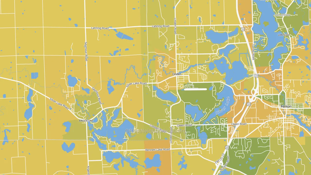 Map of the best neighborhoods in the Linden area, with better matches in green and worse matches in red