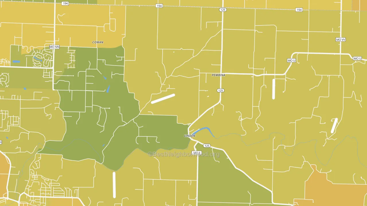 Map of the best neighborhoods in the Linden area, with better matches in green and worse matches in red