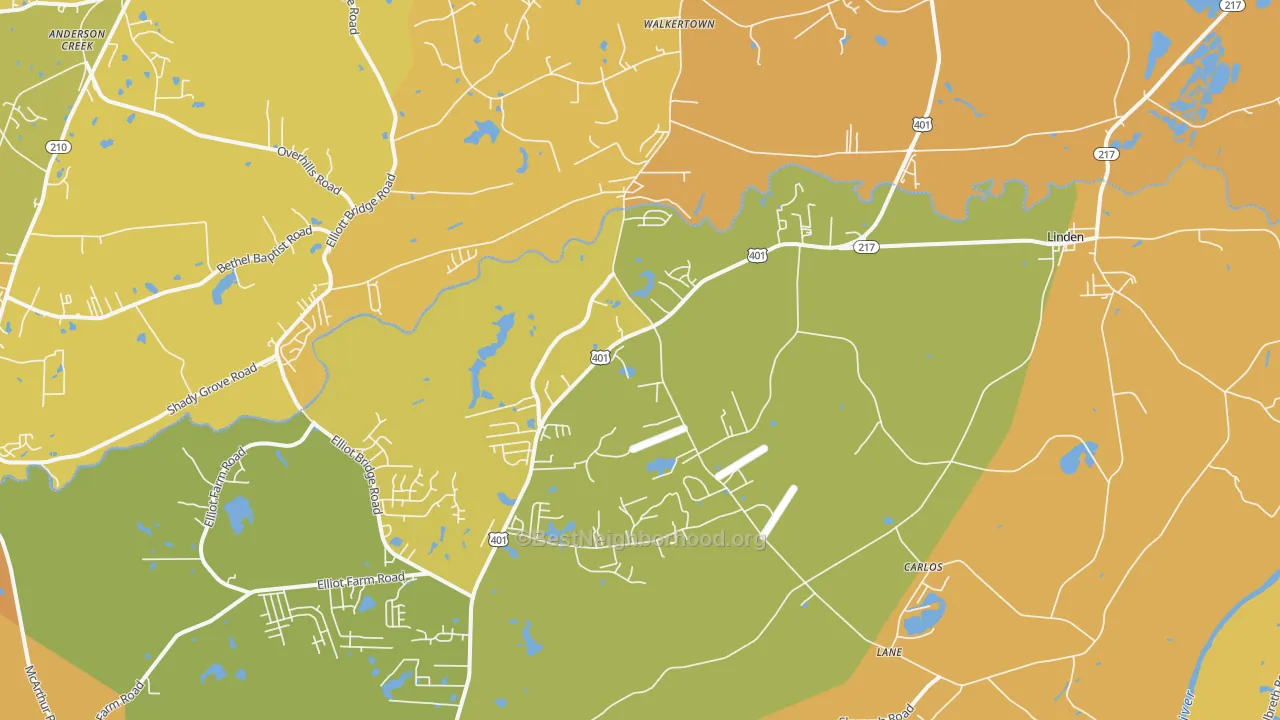 Map of the best neighborhoods in the Linden area, with better matches in green and worse matches in red
