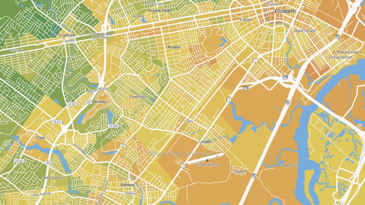 Map of the best neighborhoods in the Linden area, with better matches in green and worse matches in red