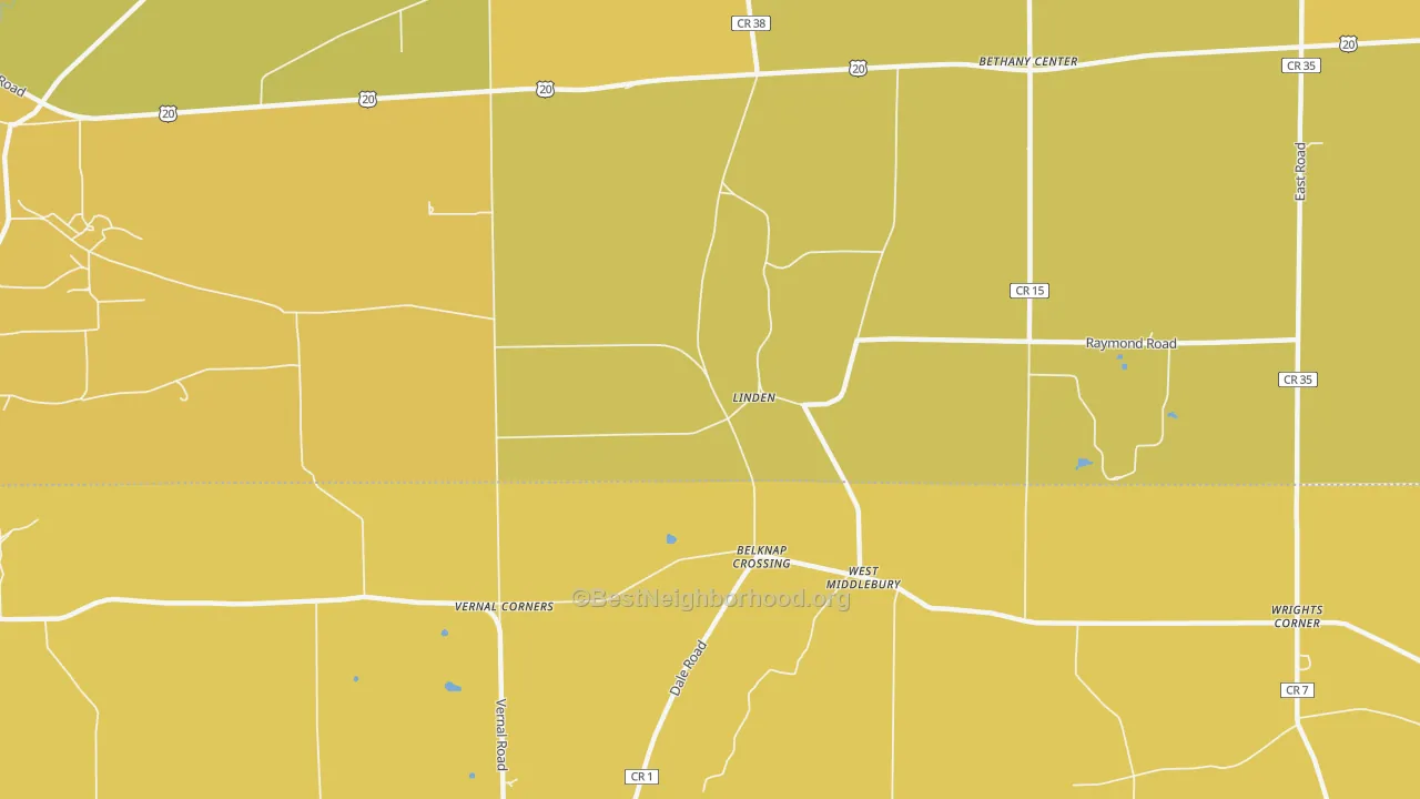 Map of the best neighborhoods in the Linden area, with better matches in green and worse matches in red