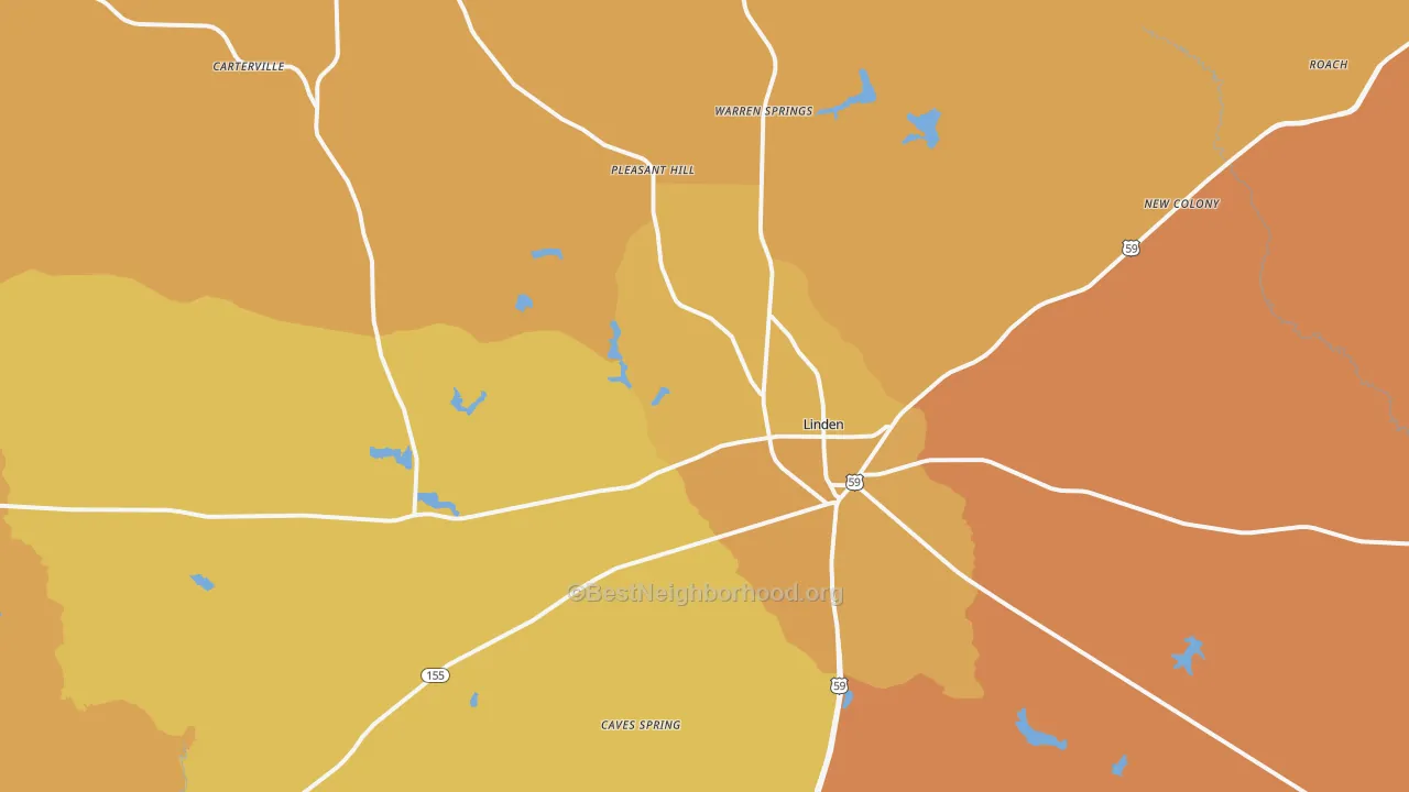 Map of the best neighborhoods in the Linden area, with better matches in green and worse matches in red