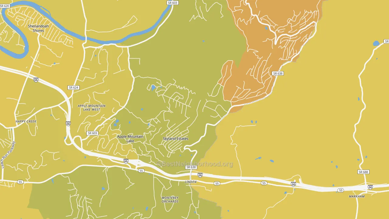 Map of the best neighborhoods in the Linden area, with better matches in green and worse matches in red