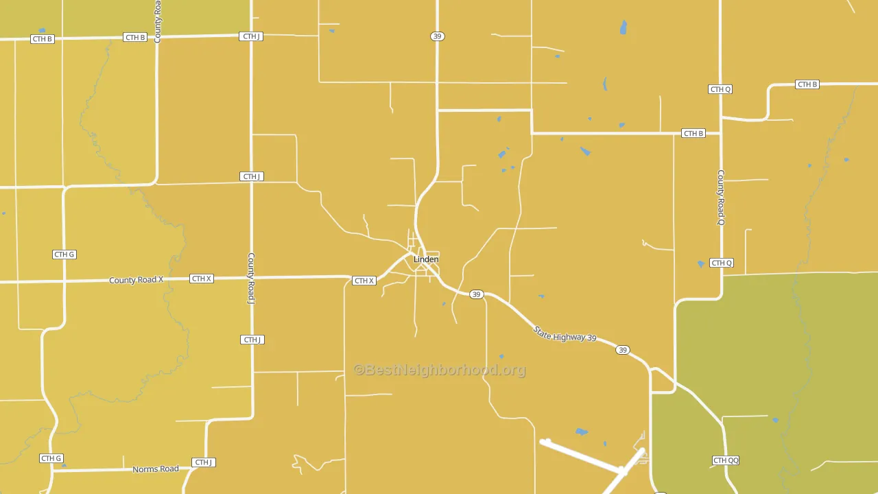 Map of the best neighborhoods in the Linden area, with better matches in green and worse matches in red