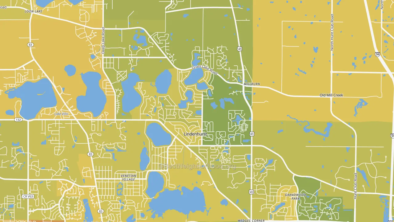 Map of the best neighborhoods in the Lindenhurst area, with better matches in green and worse matches in red