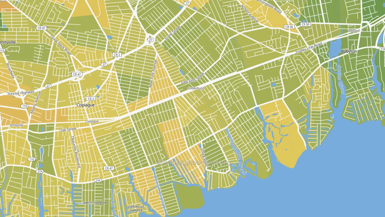Map of the best neighborhoods in the Lindenhurst area, with better matches in green and worse matches in red
