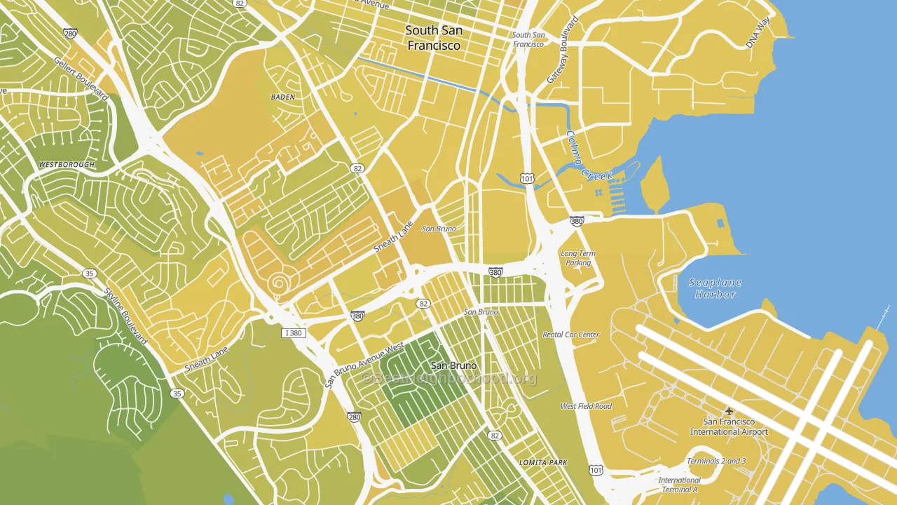 Map of the best neighborhoods in the Lindenville, South San Francisco area, with better matches in green and worse matches in red