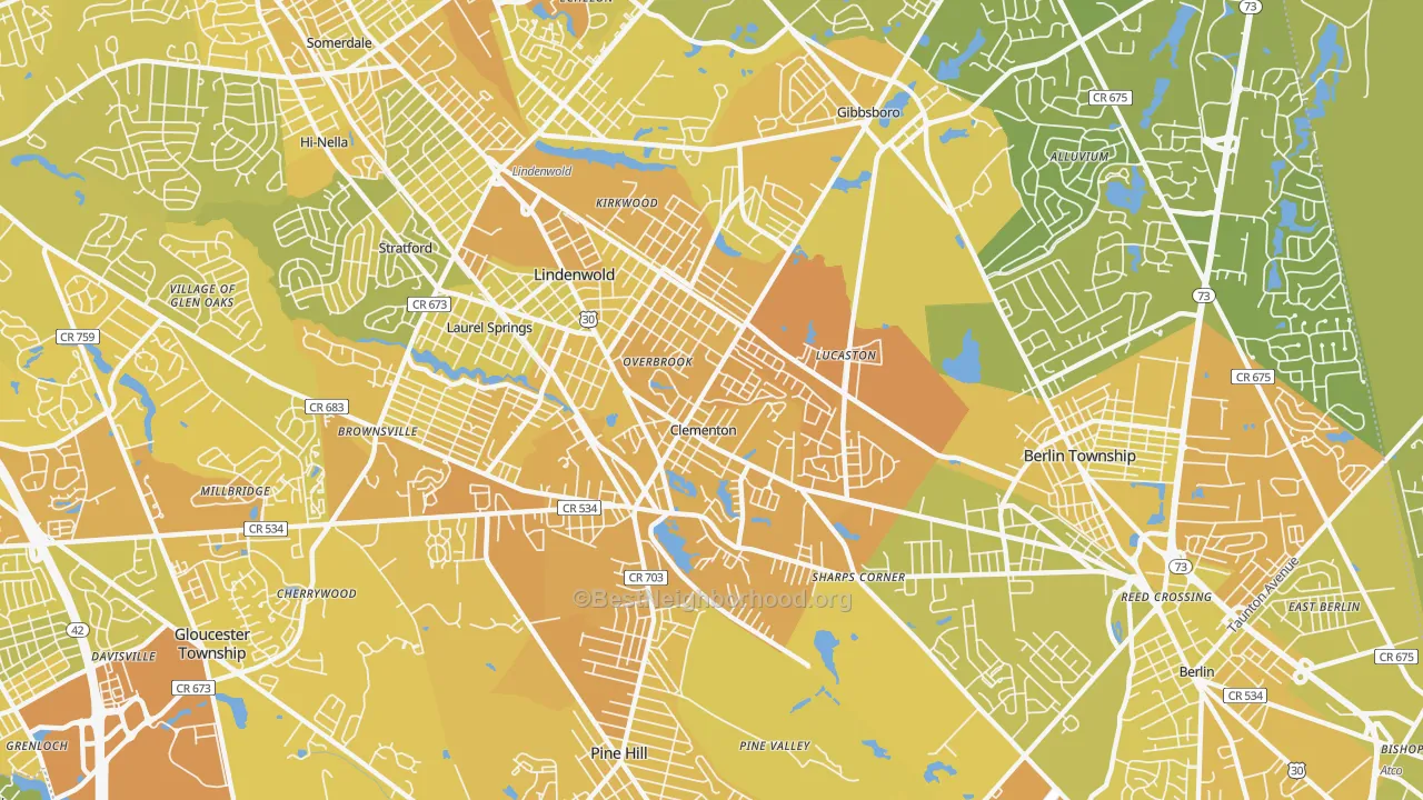 Map of the best neighborhoods in the Lindenwold area, with better matches in green and worse matches in red
