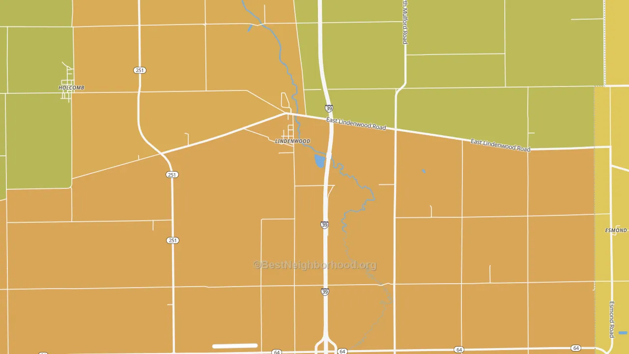 Map of the best neighborhoods in the Lindenwood area, with better matches in green and worse matches in red