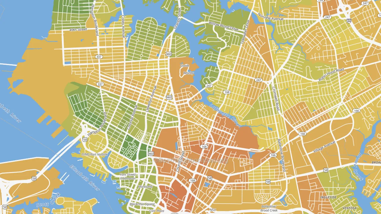 Map of the best neighborhoods in the Lindenwood, Norfolk area, with better matches in green and worse matches in red