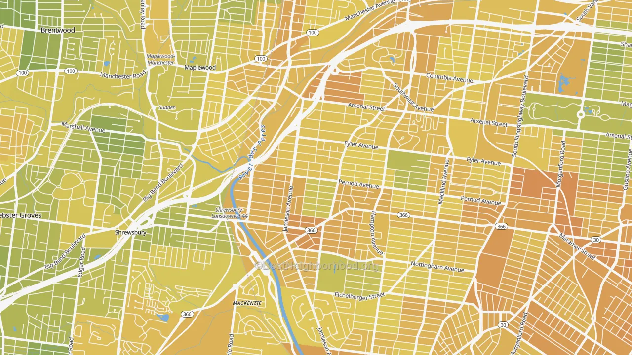 Map of the best neighborhoods in the Lindenwood Park, St. Louis area, with better matches in green and worse matches in red