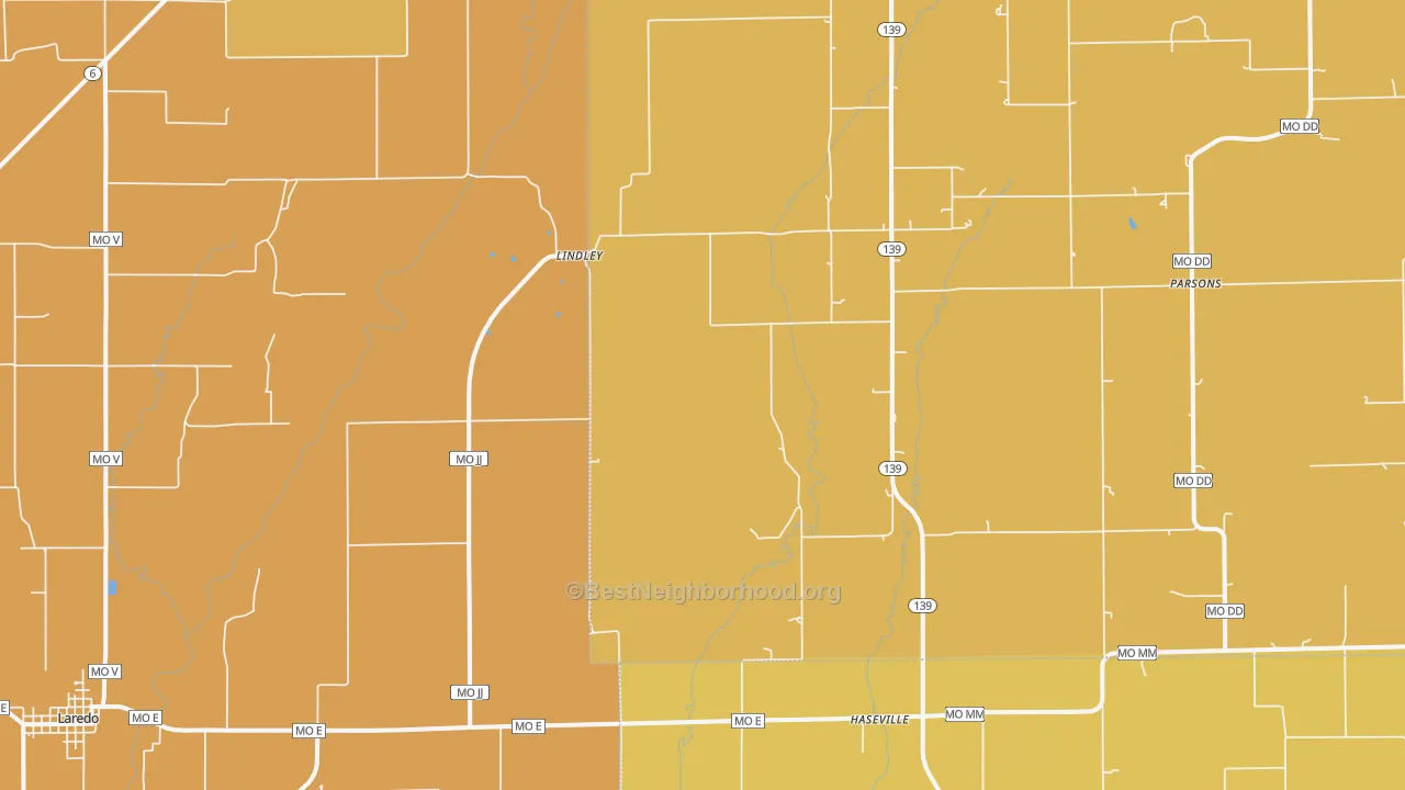 Map of the best neighborhoods in the Lindley area, with better matches in green and worse matches in red