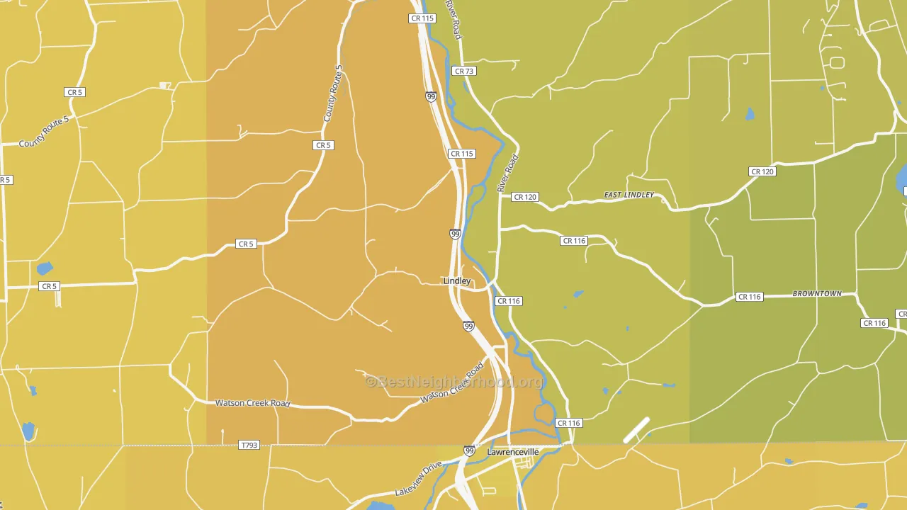 Map of the best neighborhoods in the Lindley area, with better matches in green and worse matches in red