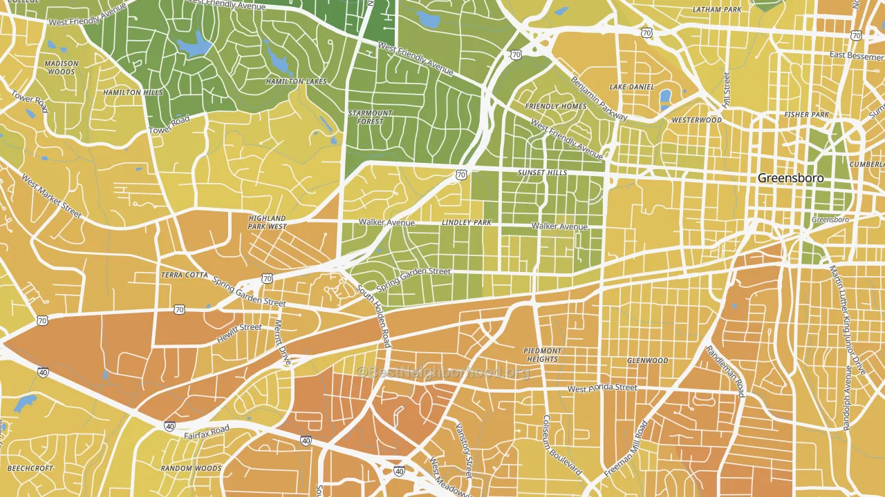Map of the best neighborhoods in the Lindley Park, Greensboro area, with better matches in green and worse matches in red