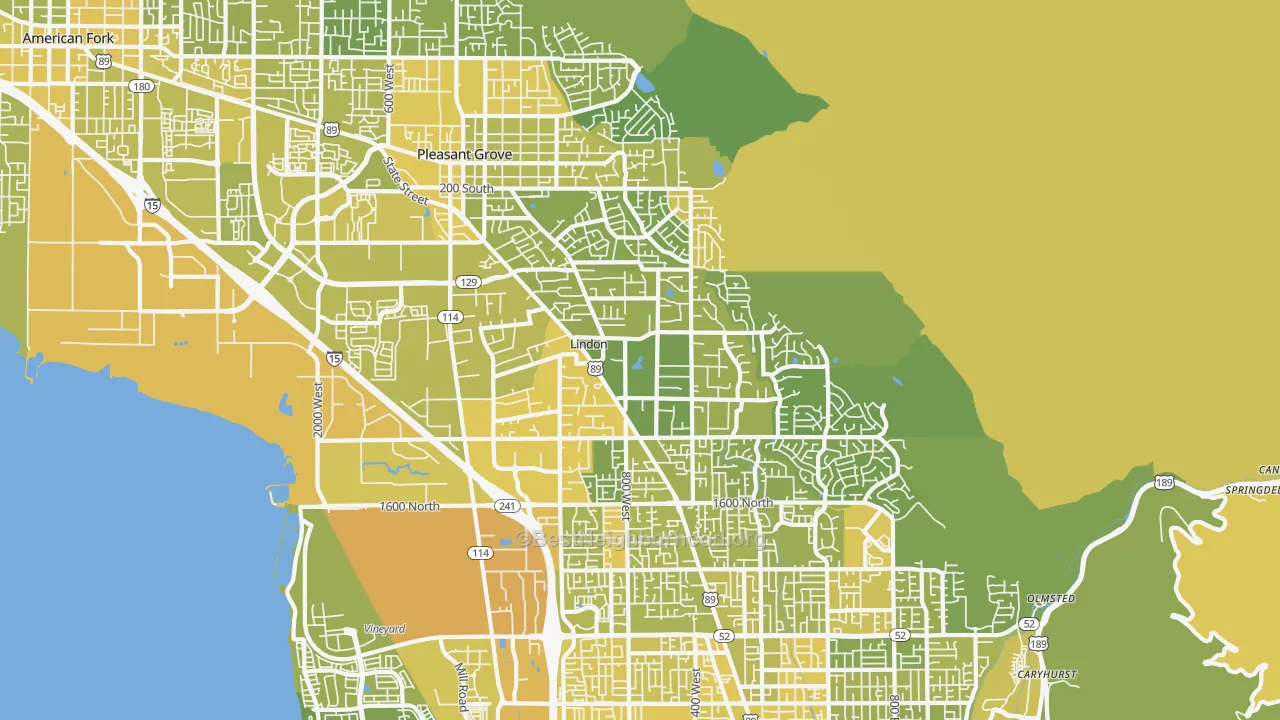 Map of the best neighborhoods in the Lindon area, with better matches in green and worse matches in red