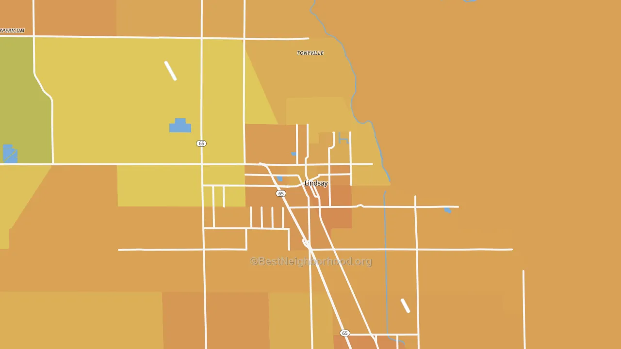 Map of the best neighborhoods in the Lindsay area, with better matches in green and worse matches in red