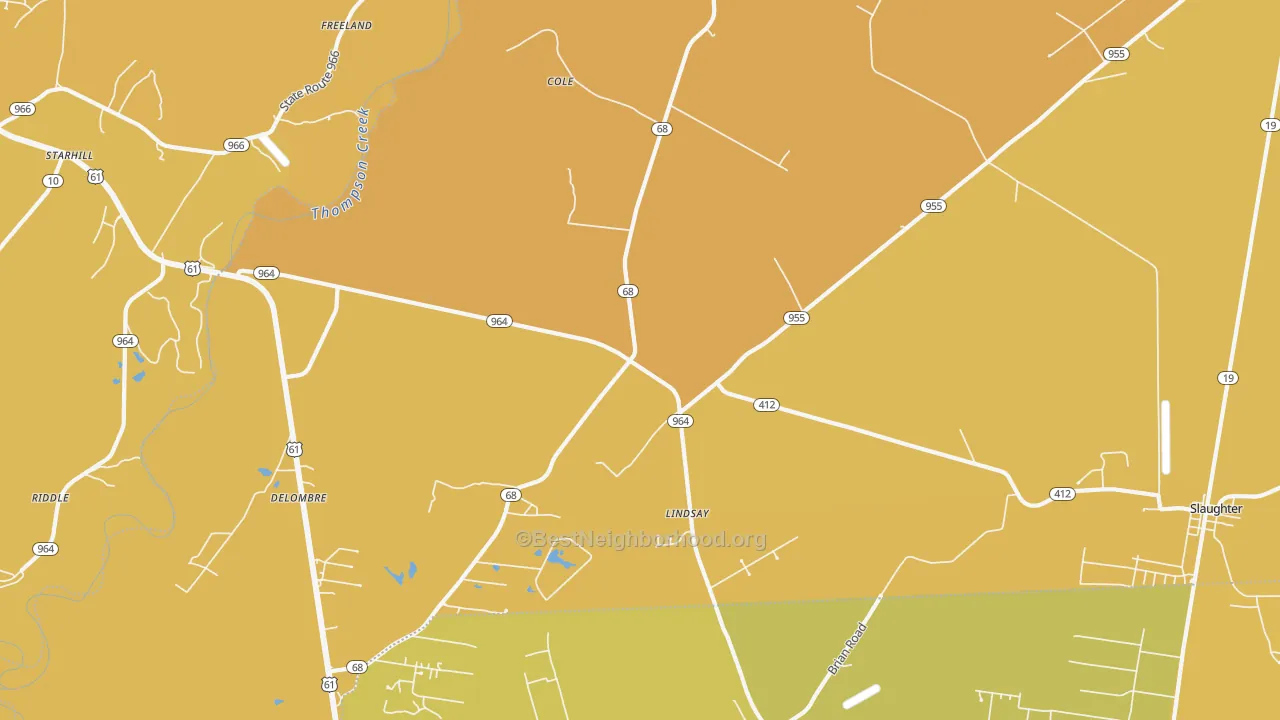 Map of the best neighborhoods in the Lindsay area, with better matches in green and worse matches in red