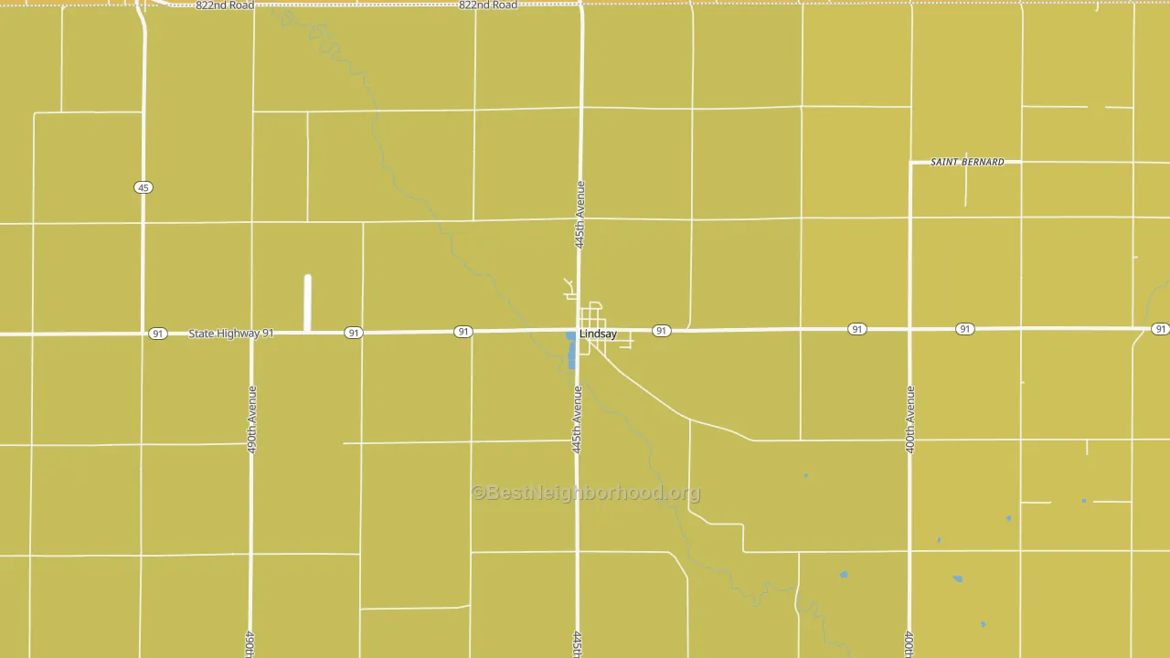 Map of the best neighborhoods in the Lindsay area, with better matches in green and worse matches in red