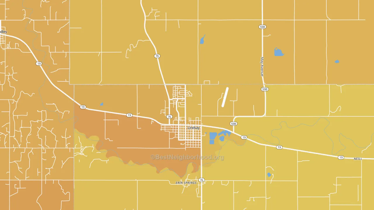 Map of the best neighborhoods in the Lindsay area, with better matches in green and worse matches in red