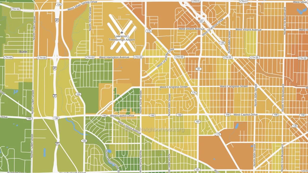 Map of the best neighborhoods in the Lindsay Park, Milwaukee area, with better matches in green and worse matches in red