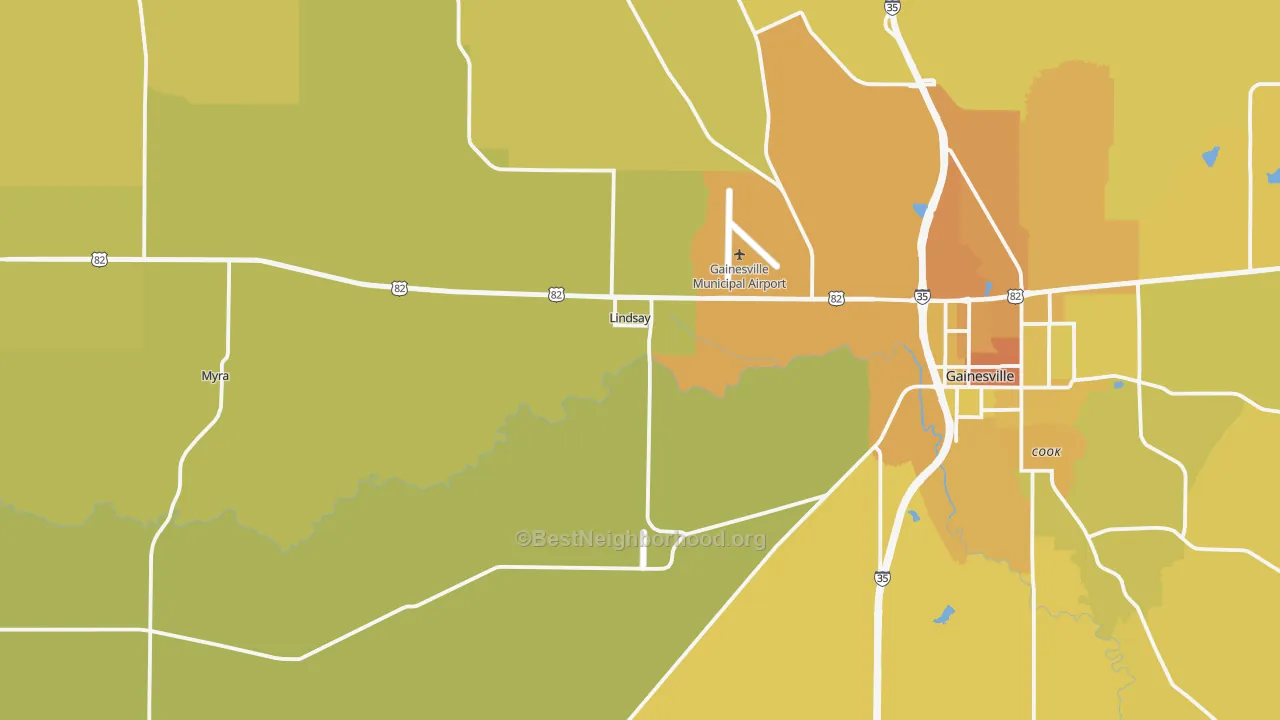 Map of the best neighborhoods in the Lindsay area, with better matches in green and worse matches in red