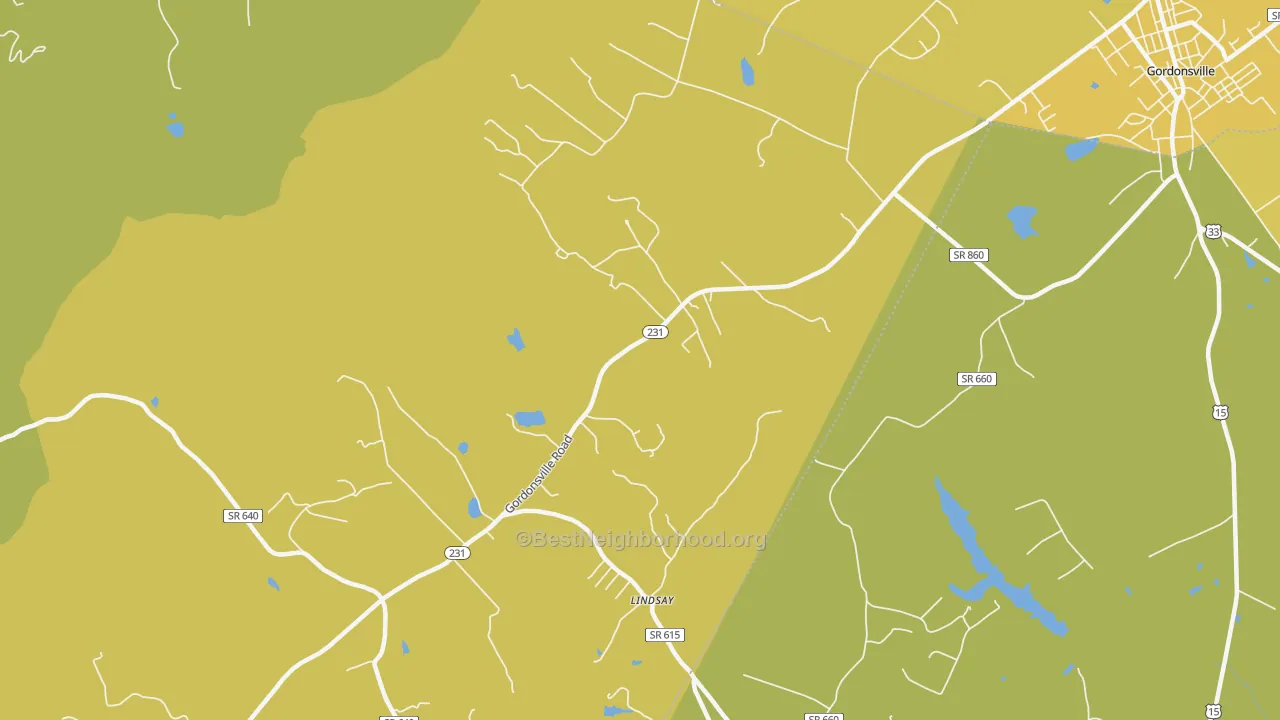 Map of the best neighborhoods in the Lindsay area, with better matches in green and worse matches in red