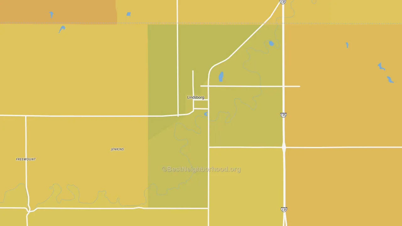 Map of the best neighborhoods in the Lindsborg area, with better matches in green and worse matches in red