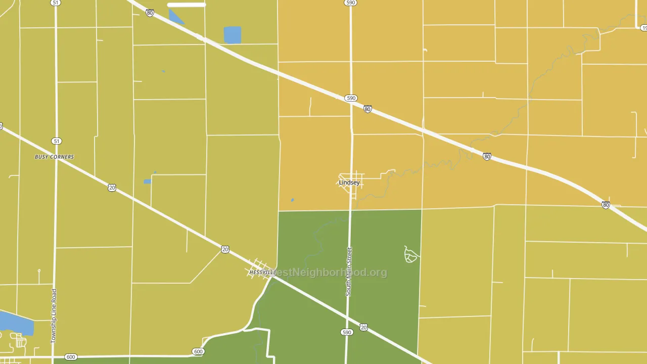 Map of the best neighborhoods in the Lindsey area, with better matches in green and worse matches in red