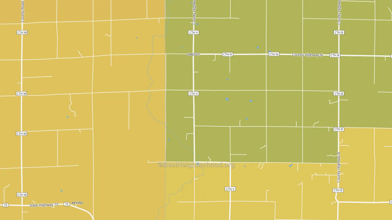 Map of the best neighborhoods in the Lindsey area, with better matches in green and worse matches in red