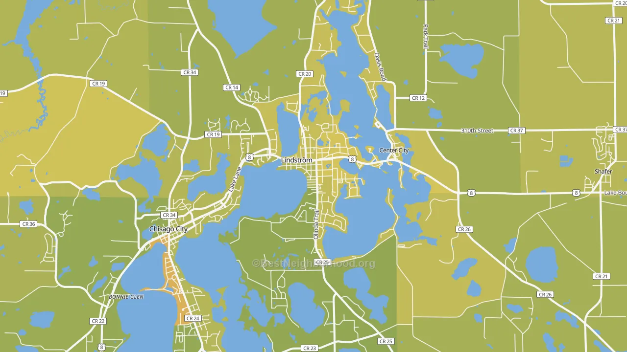 Map of the best neighborhoods in the Lindstrom area, with better matches in green and worse matches in red
