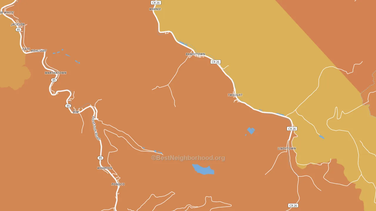 Map of the best neighborhoods in the Lindytown area, with better matches in green and worse matches in red