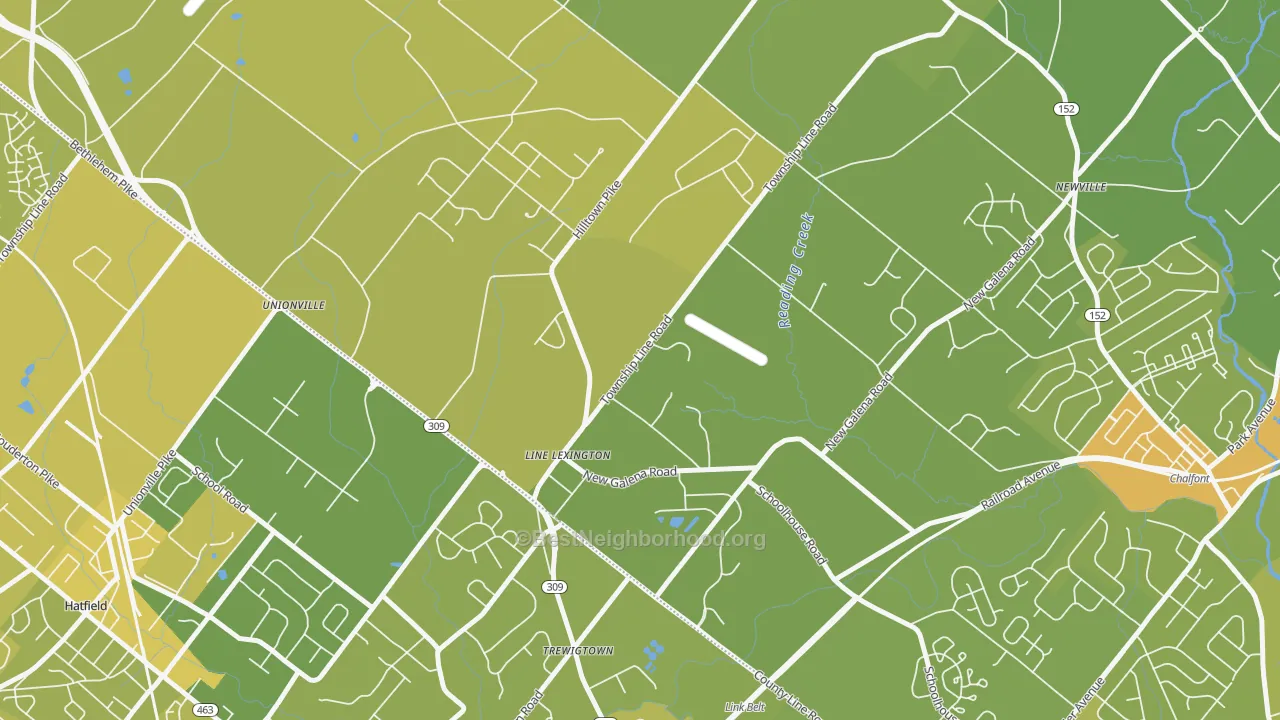 Map of the best neighborhoods in the Line Lexington area, with better matches in green and worse matches in red