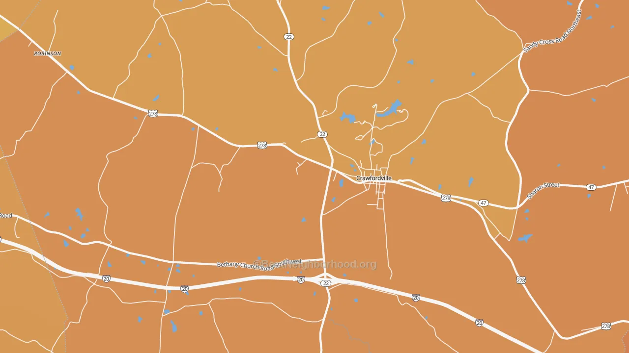 Map of the best neighborhoods in the Linesville area, with better matches in green and worse matches in red