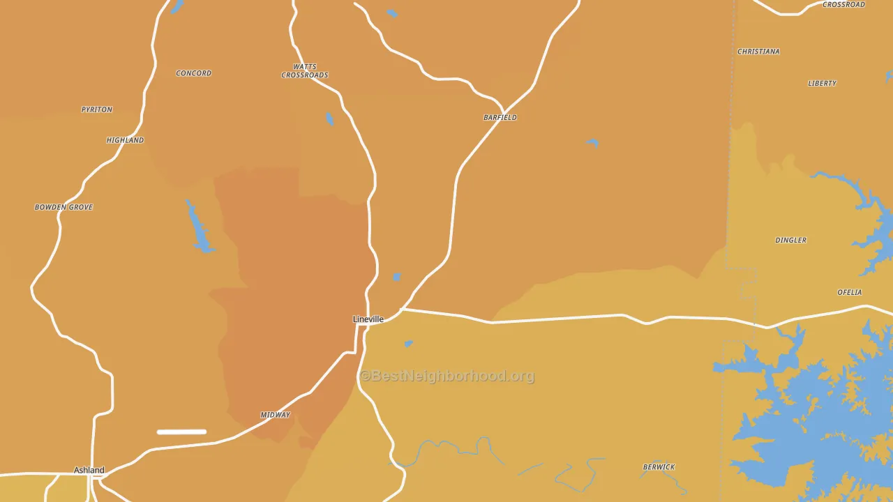 Map of the best neighborhoods in the Lineville area, with better matches in green and worse matches in red