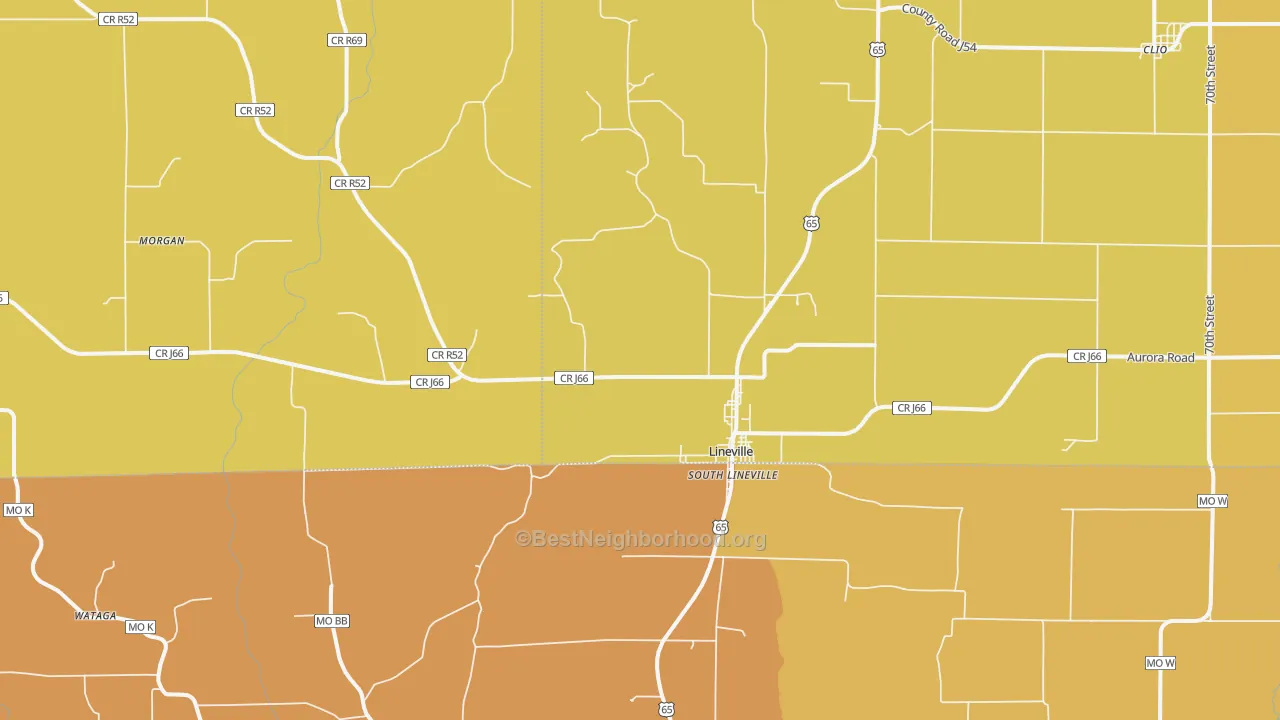 Map of the best neighborhoods in the Lineville area, with better matches in green and worse matches in red