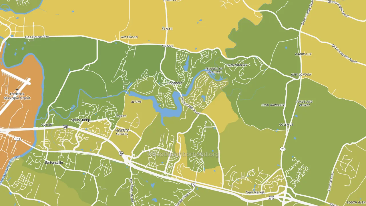 Map of the best neighborhoods in the Linganore area, with better matches in green and worse matches in red