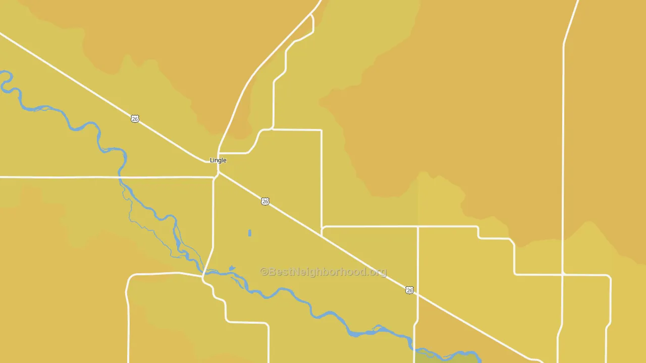 Map of the best neighborhoods in the Lingle area, with better matches in green and worse matches in red