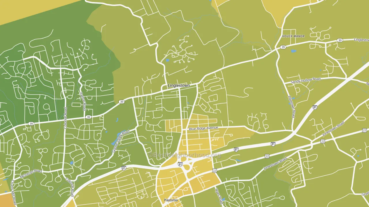 Map of the best neighborhoods in the Linglestown area, with better matches in green and worse matches in red