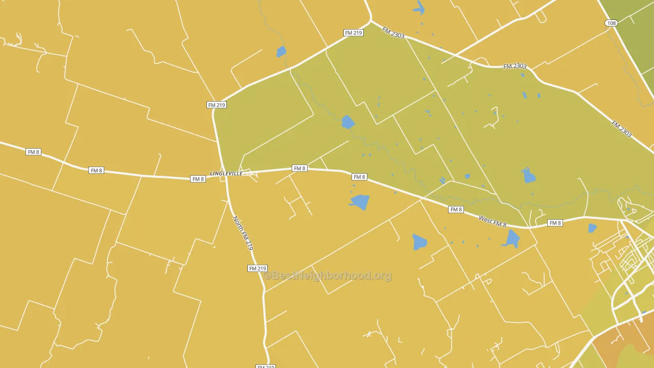Map of the best neighborhoods in the Lingleville area, with better matches in green and worse matches in red