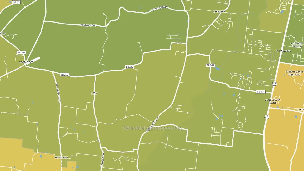 Map of the best neighborhoods in the Link area, with better matches in green and worse matches in red