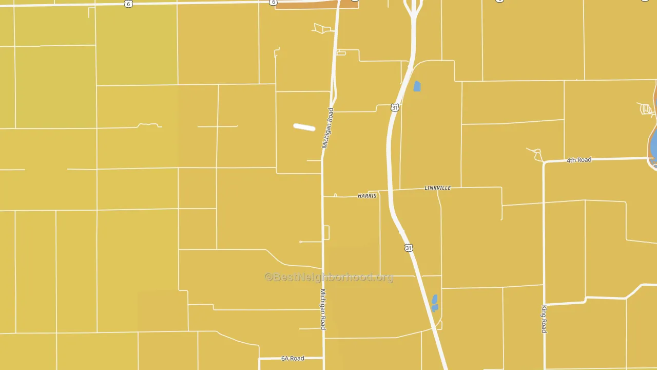 Map of the best neighborhoods in the Linkville area, with better matches in green and worse matches in red