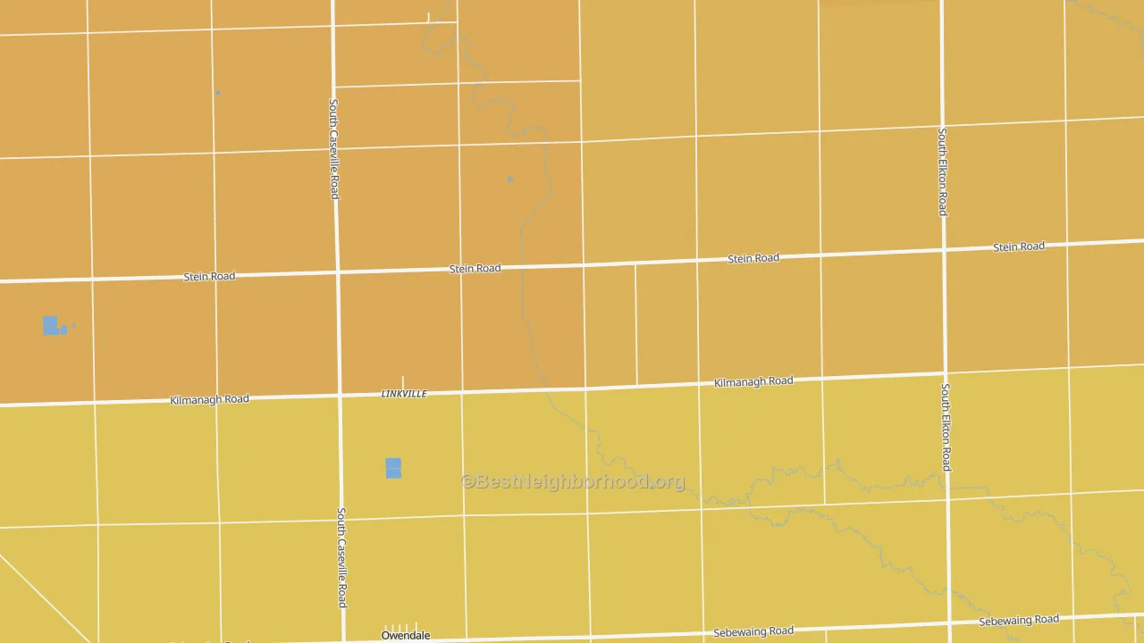 Map of the best neighborhoods in the Linkville area, with better matches in green and worse matches in red