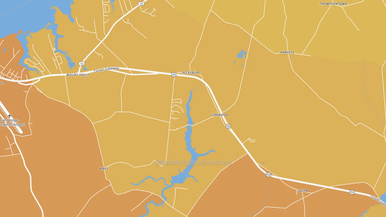 Map of the best neighborhoods in the Linkwood area, with better matches in green and worse matches in red