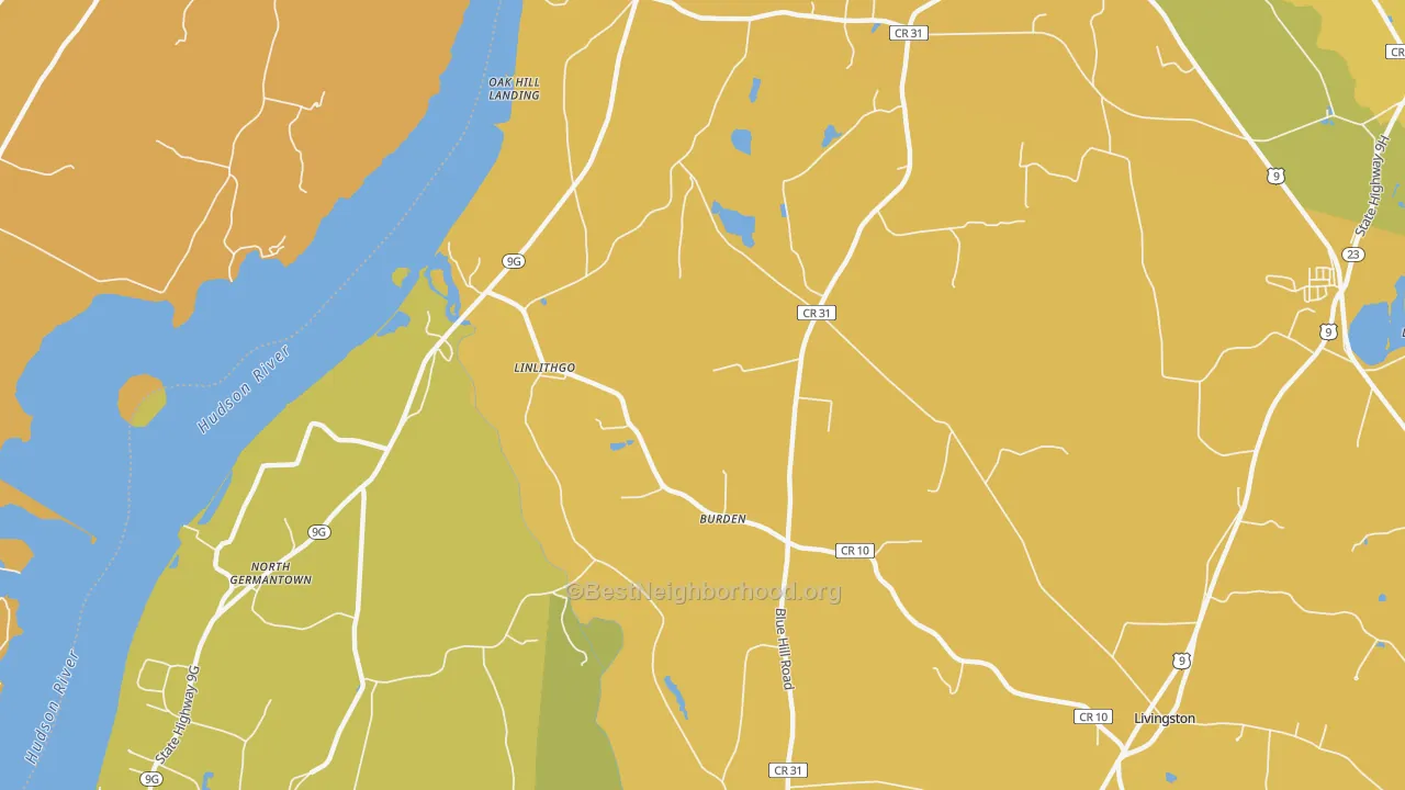 Map of the best neighborhoods in the Linlithgo area, with better matches in green and worse matches in red