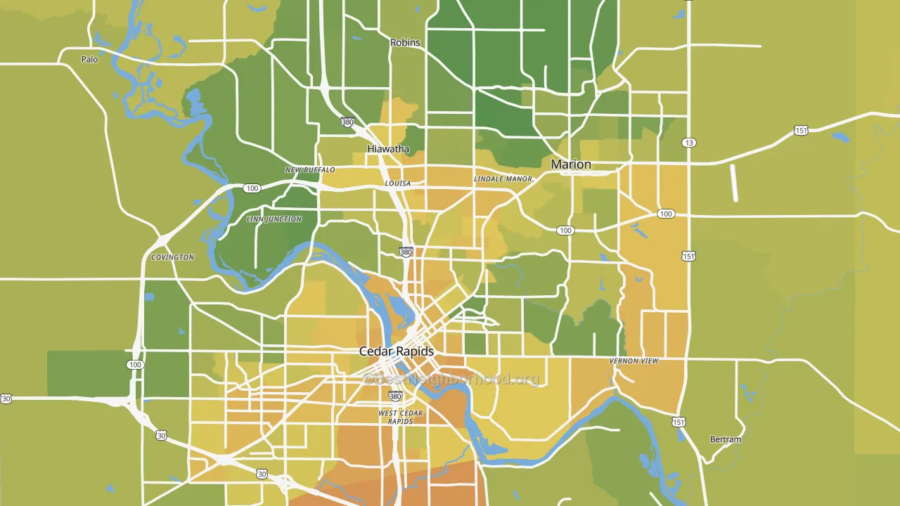 Map of the best neighborhoods in the Linn County area, with better matches in green and worse matches in red