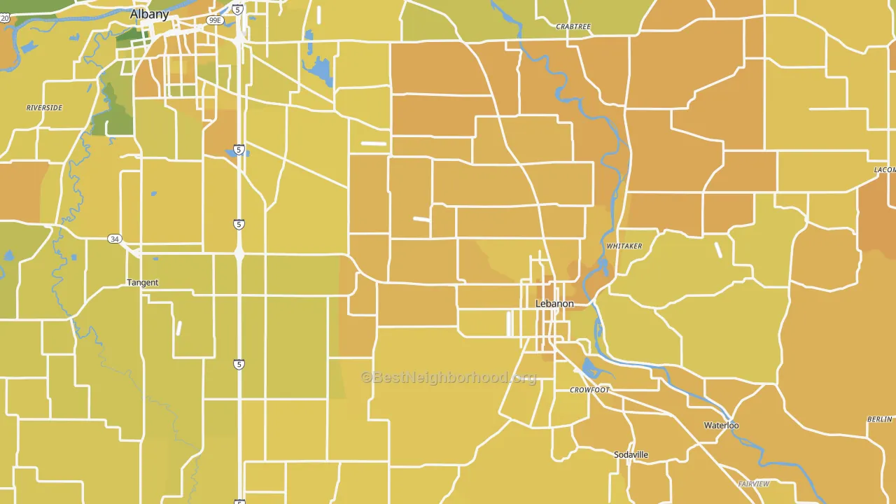 Map of the best neighborhoods in the Linn County area, with better matches in green and worse matches in red